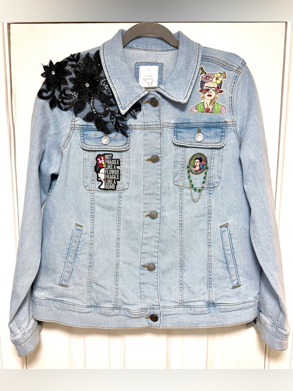 Frida Inspired Light Blue Embroidered Denim Jacket - Picture 8 of 8
